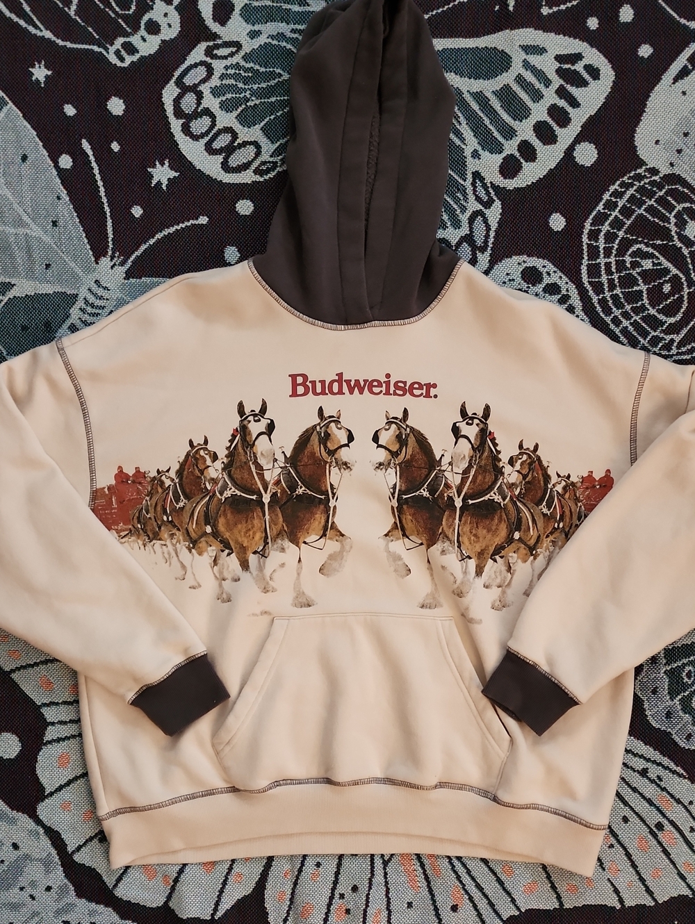 Budweiser/Pacsun Cream Hoodie with Grey Hood & Cuffs – Size Small